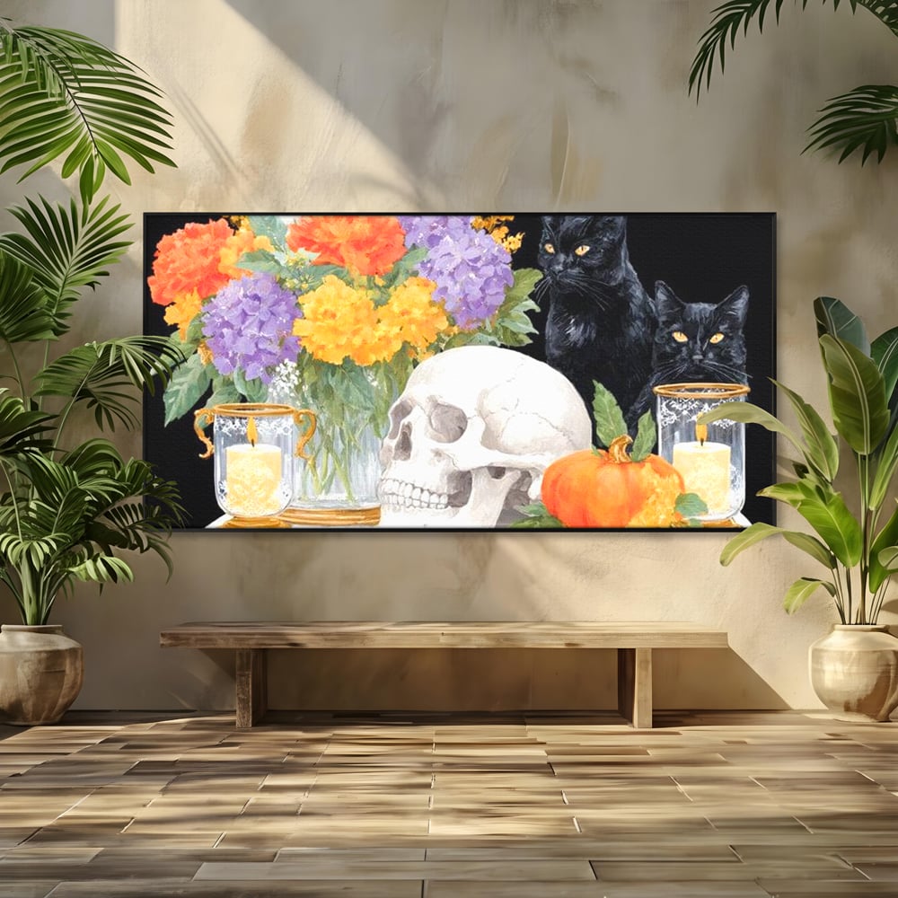 Tablou canvas cu tablou canvas cu pisici negre si craniu, in rama de aluminiu negru